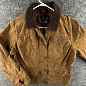 Barbour L1965 Brown Waxed Jacket Women Full Zip Short Size 8 US Collared Adult